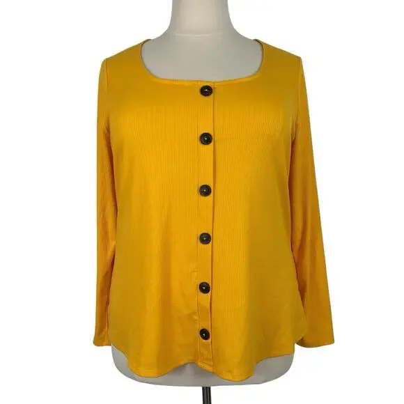 Lane Bryant Top Women 18/20 Marigold Yellow Button Accent Front Ribbed Knit - Picture 2 of 12